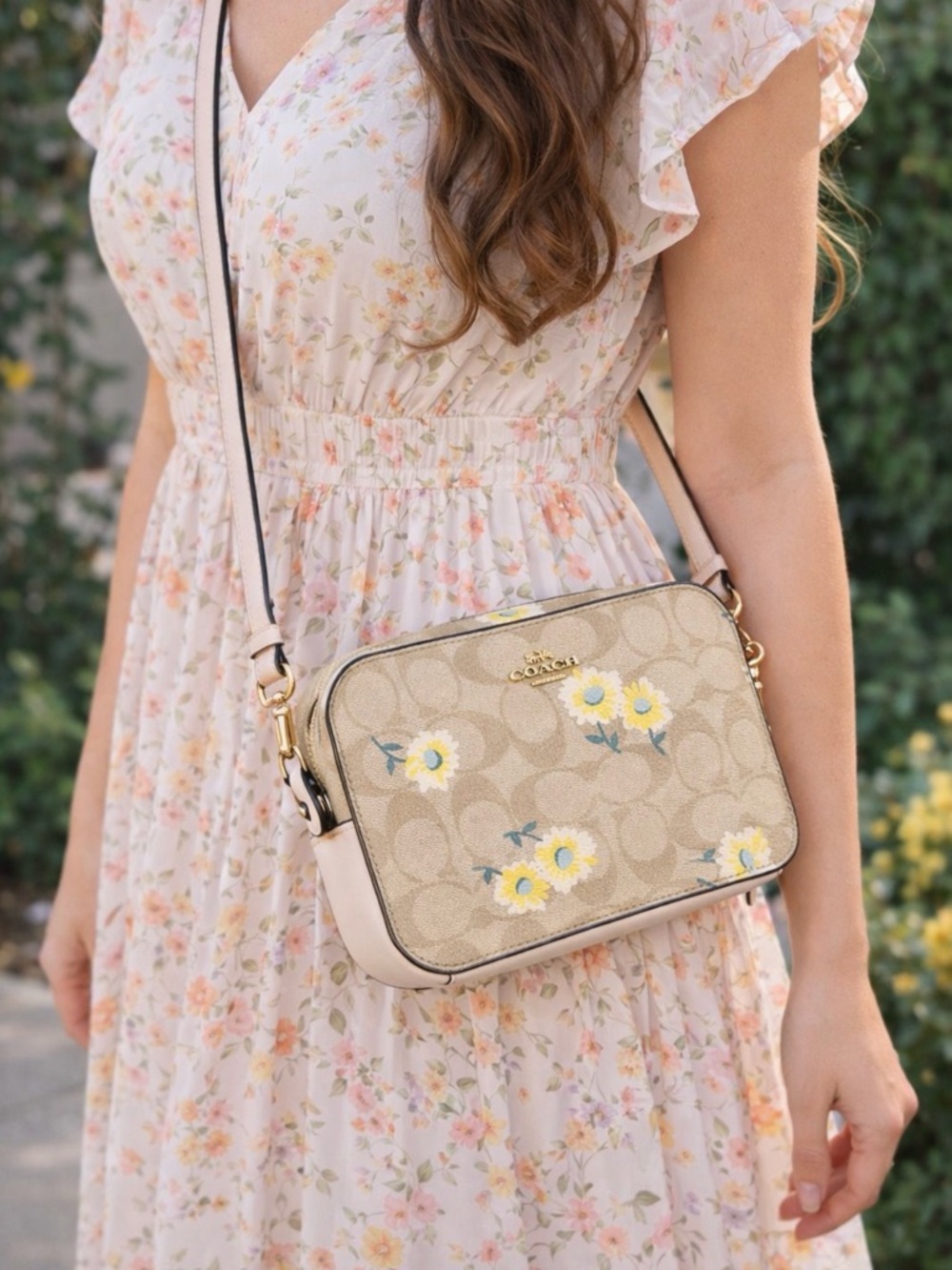 Coach Beige Signature Floral Crossbody with Yellow Accents